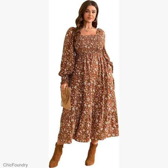 Dresses & Skirts - Plus Size Long Sleeve Maxi Dress Smocked Bodice Pockets Flowy A-Line